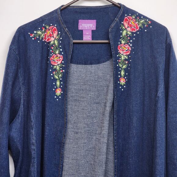 Suzanne Somers Collection Blue Jean Jacket Size 1X Embroidered Floral Rhinestone - Picture 1 of 12